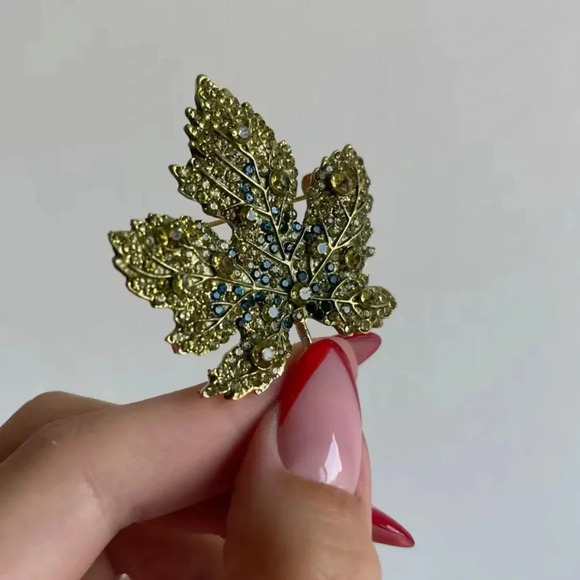 Bria Red Maple Leaf Green Crystal Brooch - Picture 4 of 8
